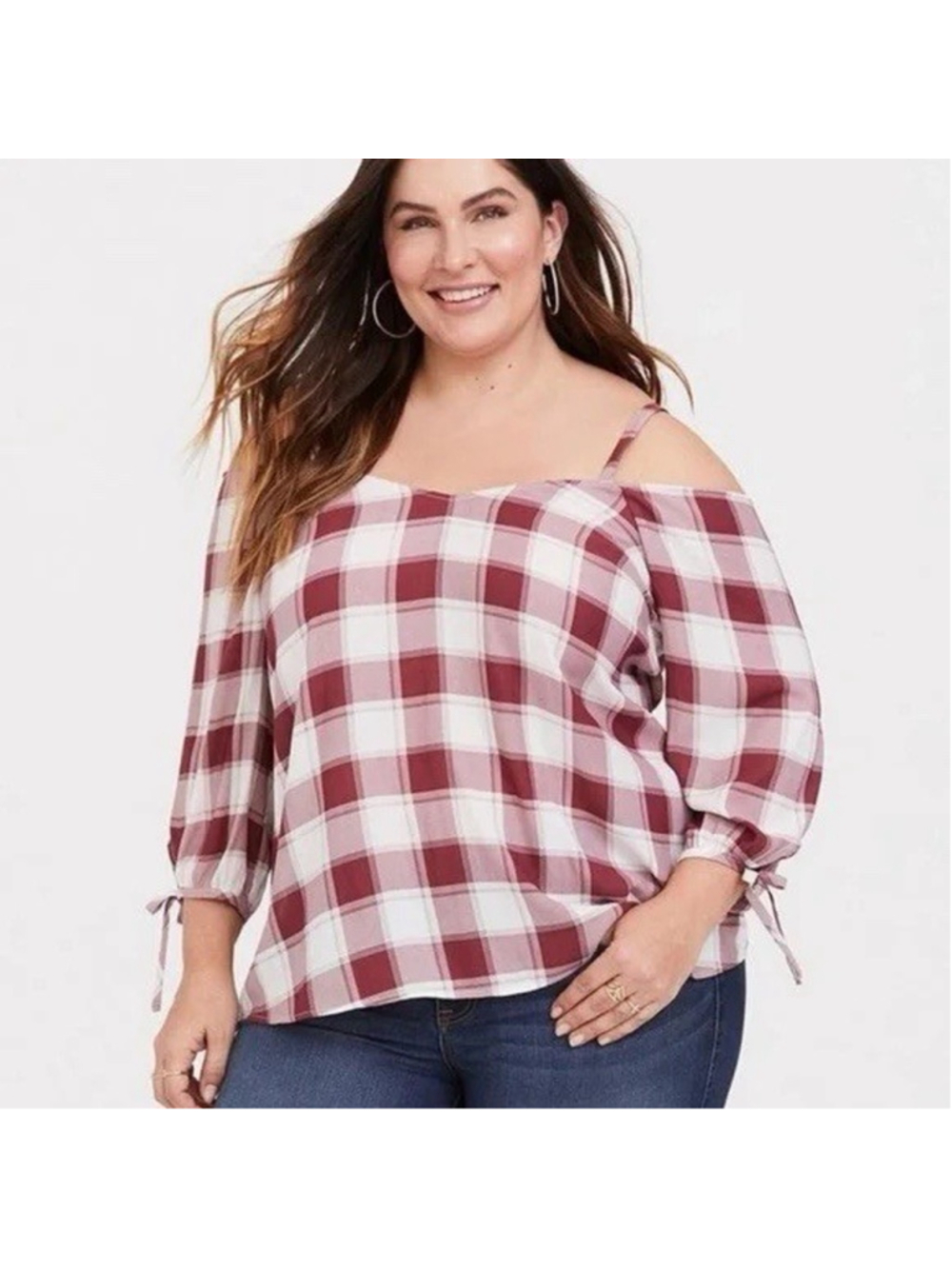 Torrid Red Plaid Cold Off Shoulder Top Blouse Plus Size 3 - 22/24